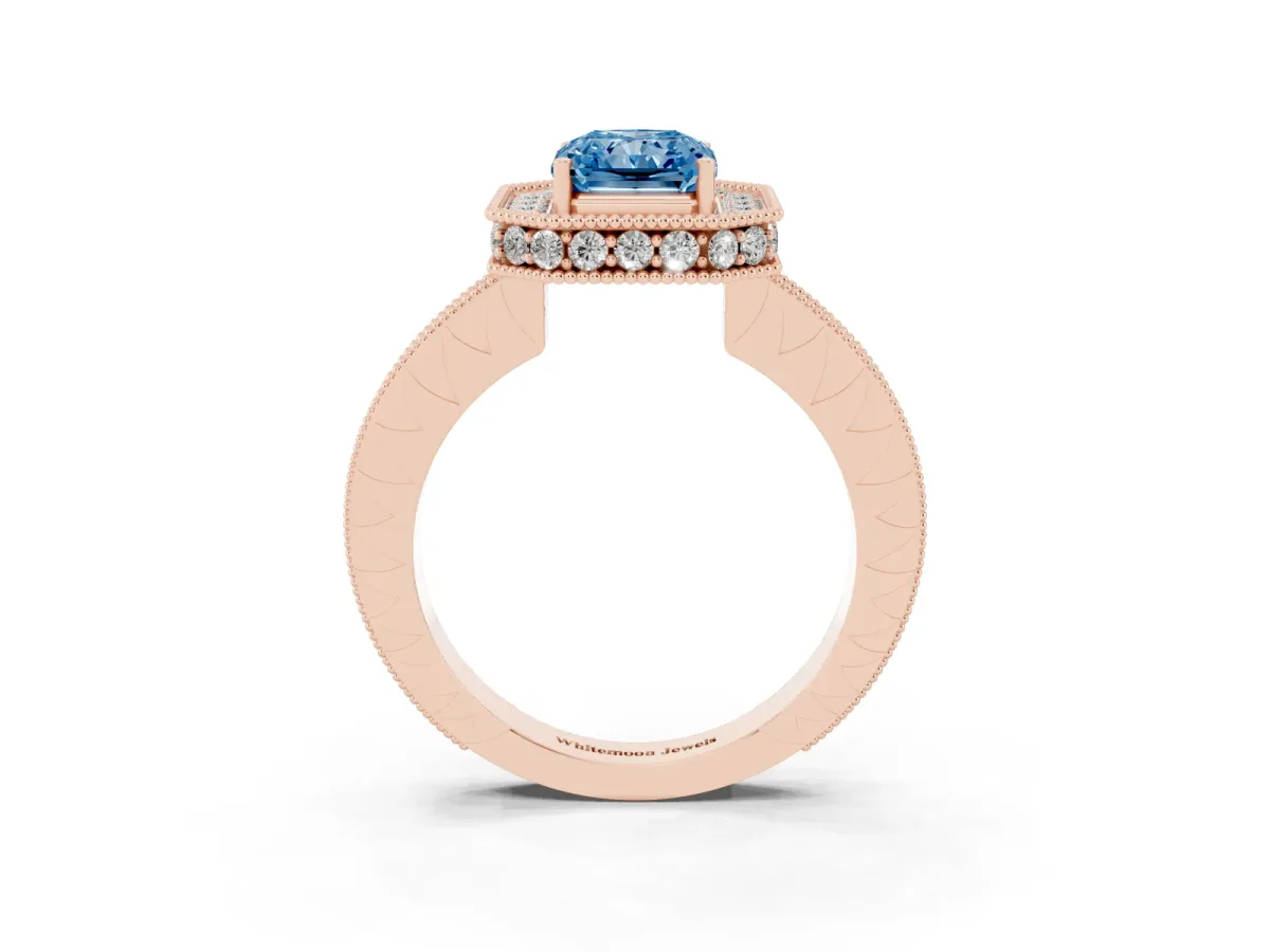 Fancy Blue Radiant Cut Diamond Milgrain Halo Engagement Ring with Round Pavé Band and Prong Setting Rose gold