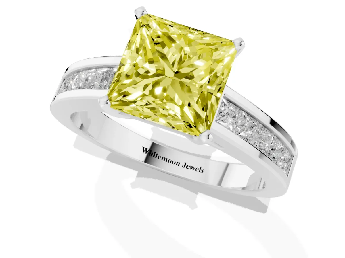 Fancy Yellow Princess Cut Solitaire Diamond Ring with Channel-Set Band and Four-Prong Setting Silver