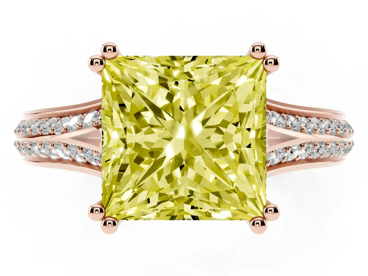 Fancy Yellow Princess Cut Diamond Split Shank Engagement Ring with Pavé Band Rose gold