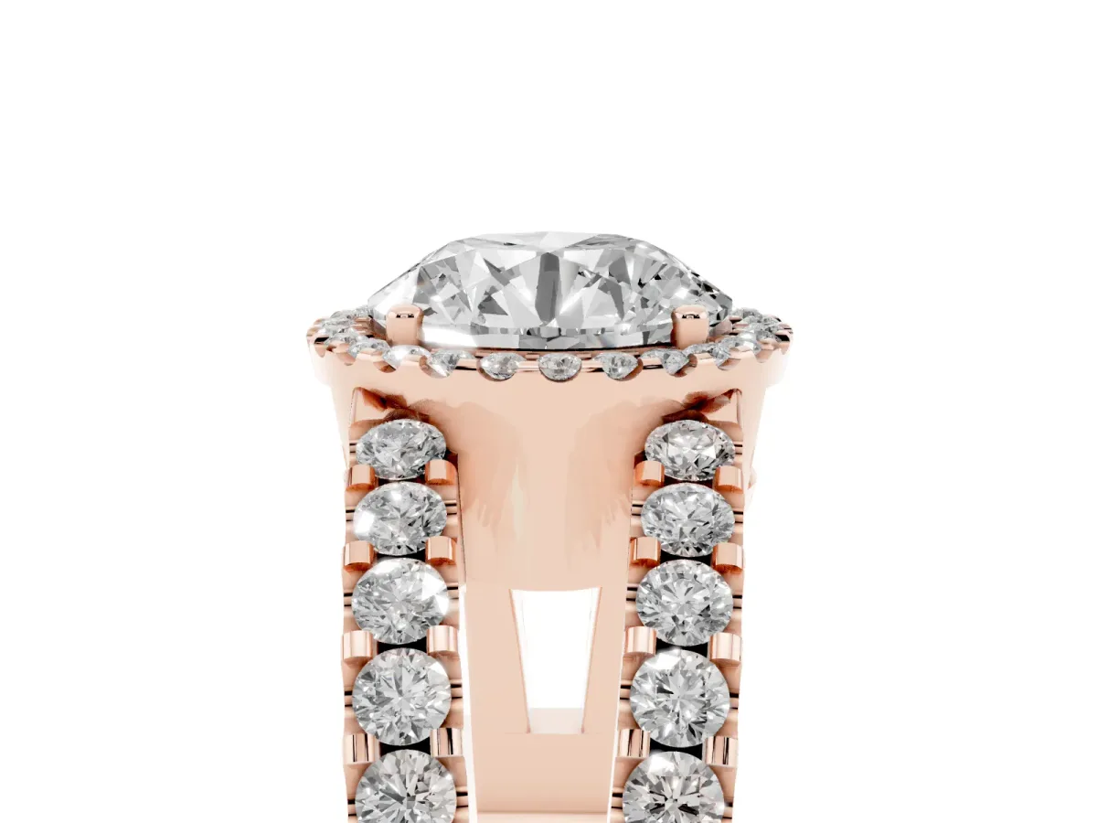 Round Cut Cut Halo Split Shank Diamond Ring with Four-Prong Setting Rose gold