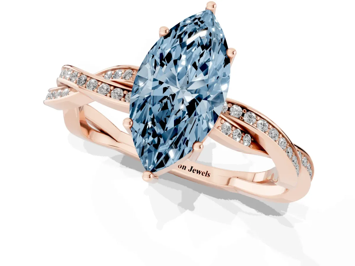 Fancy Blue Marquise Cut Solitaire Twisted Pave Diamond Ring with Four-Prong Setting Rose gold