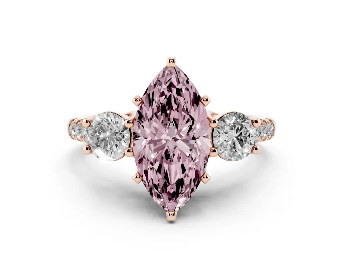 Fancy Pink Three-Stone Marquise Cut Diamond Pavé Band with Four-Prong Setting Rose gold