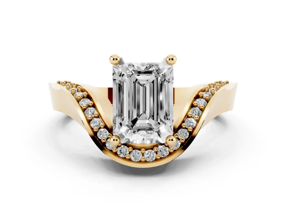 Emerald Cut Solitaire Diamond Engagement Ring with Pave Band and Four-Prong Setting Yellow gold