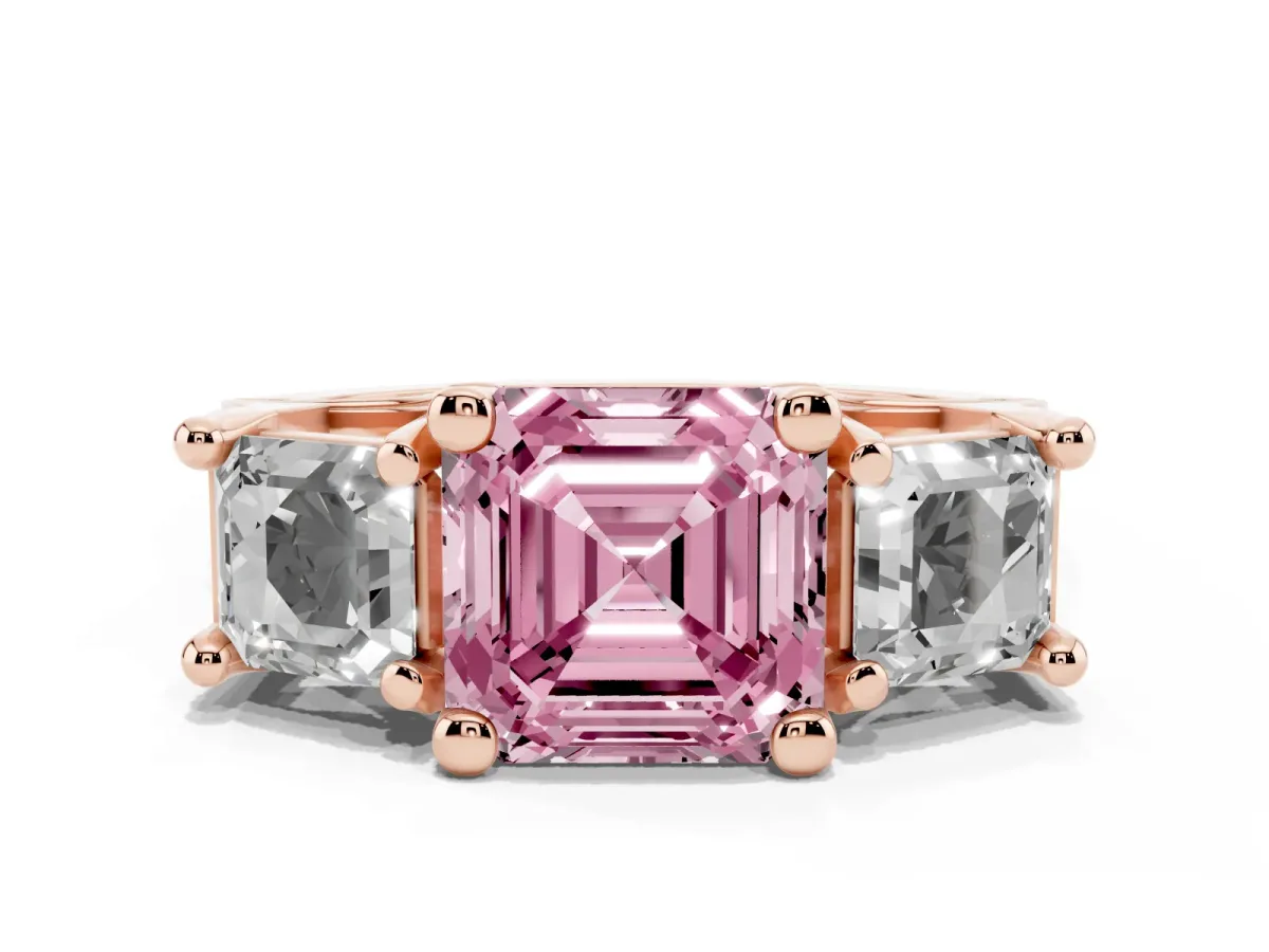 Fancy Pink Asscher Cut Diamond Three-Stone Ring with Channel Set Band and Four-Prong Setting Rose gold