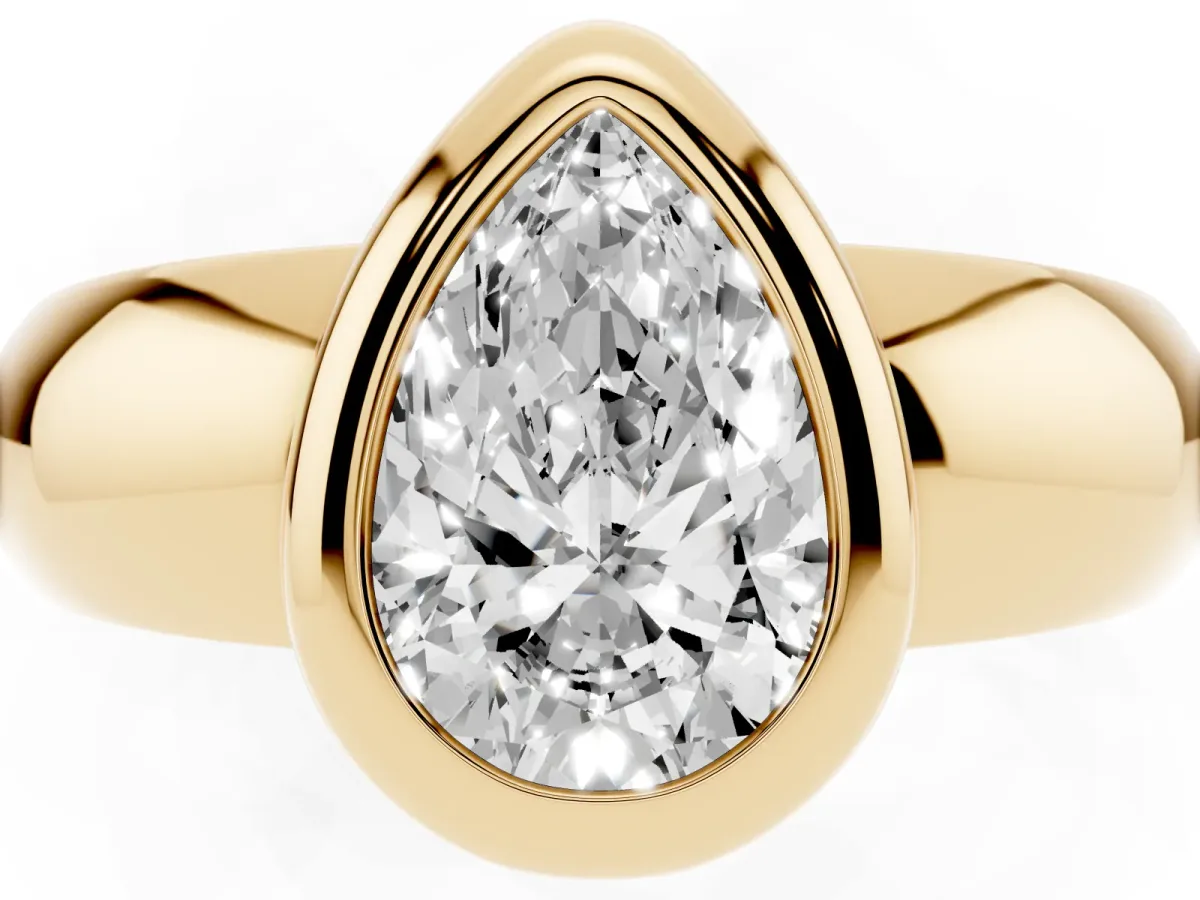 Bezel Set Pear Cut Solitaire Ring with Wide Band Yellow gold