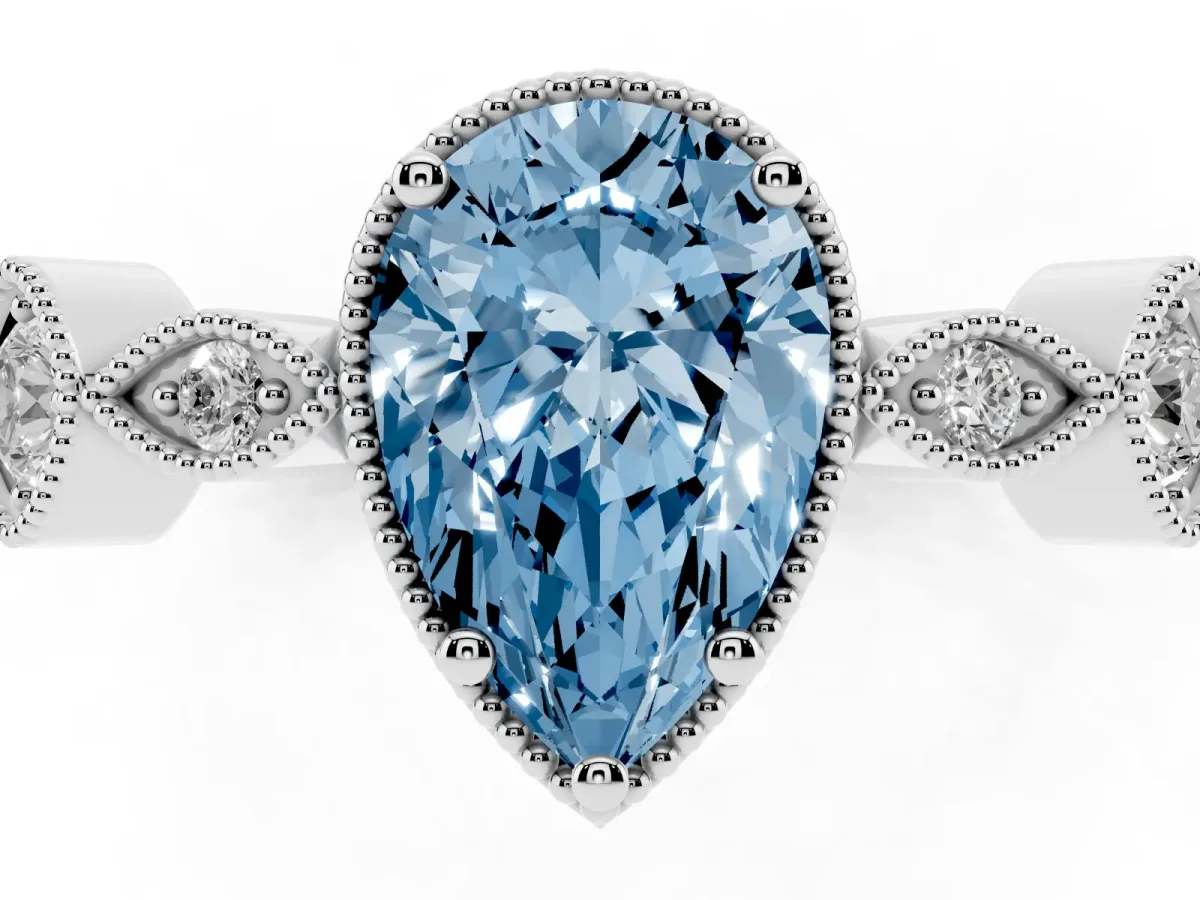 Fancy Blue Pear Cut Diamond Vintage Milgrain Ring with Round Stations White gold