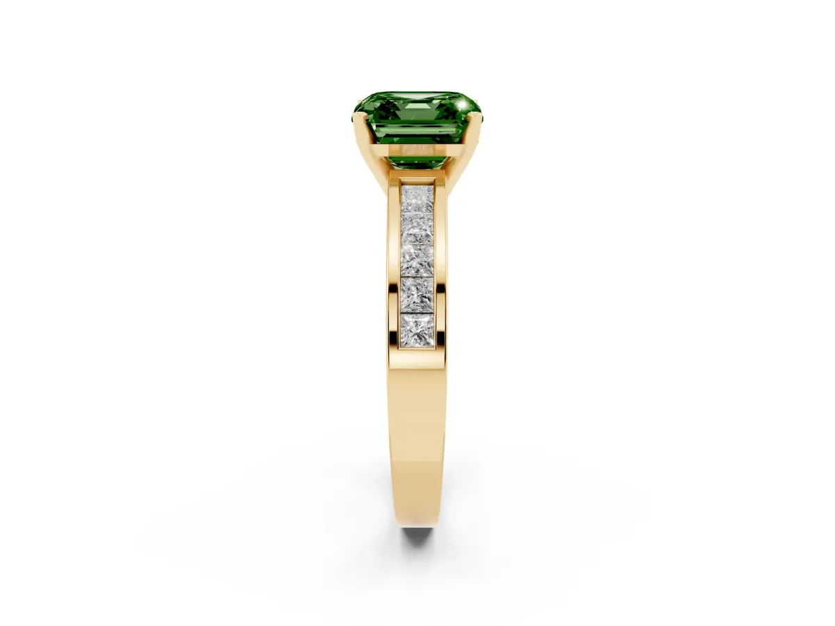 Fancy Green Asscher Cut Solitaire Diamond Ring with Channel-Set Band and Four-Prong Setting Yellow gold