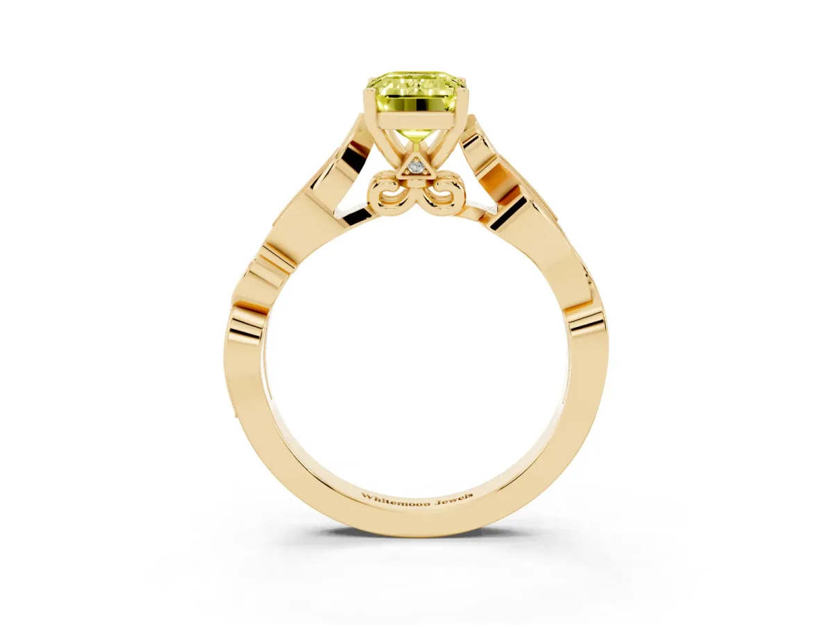 Fancy Yellow Emerald Cut Solitaire Vine Band with Milgrain Prong Setting Yellow gold