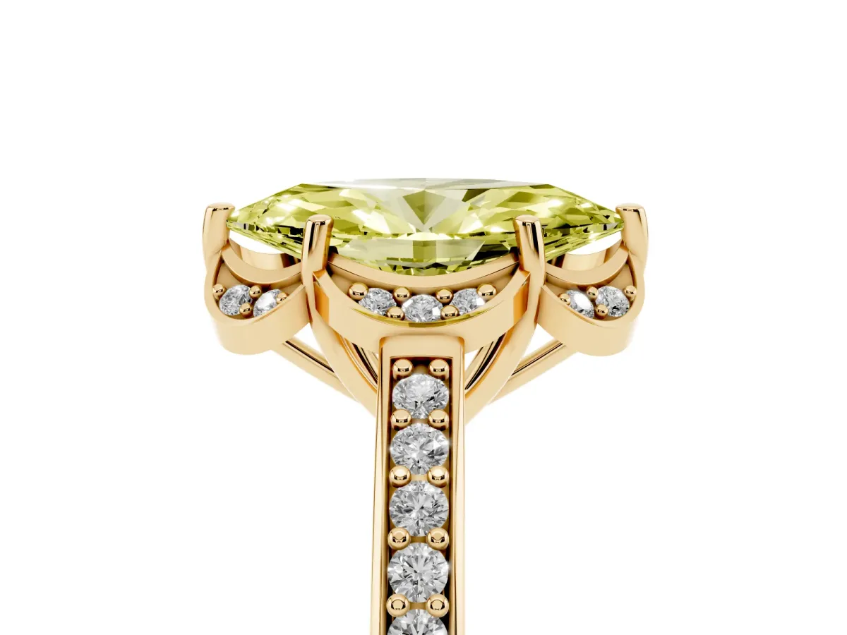 Fancy Yellow Marquise Cut Cut Halo Diamond Ring with Channel Set Band and Four-Prong Setting Yellow gold