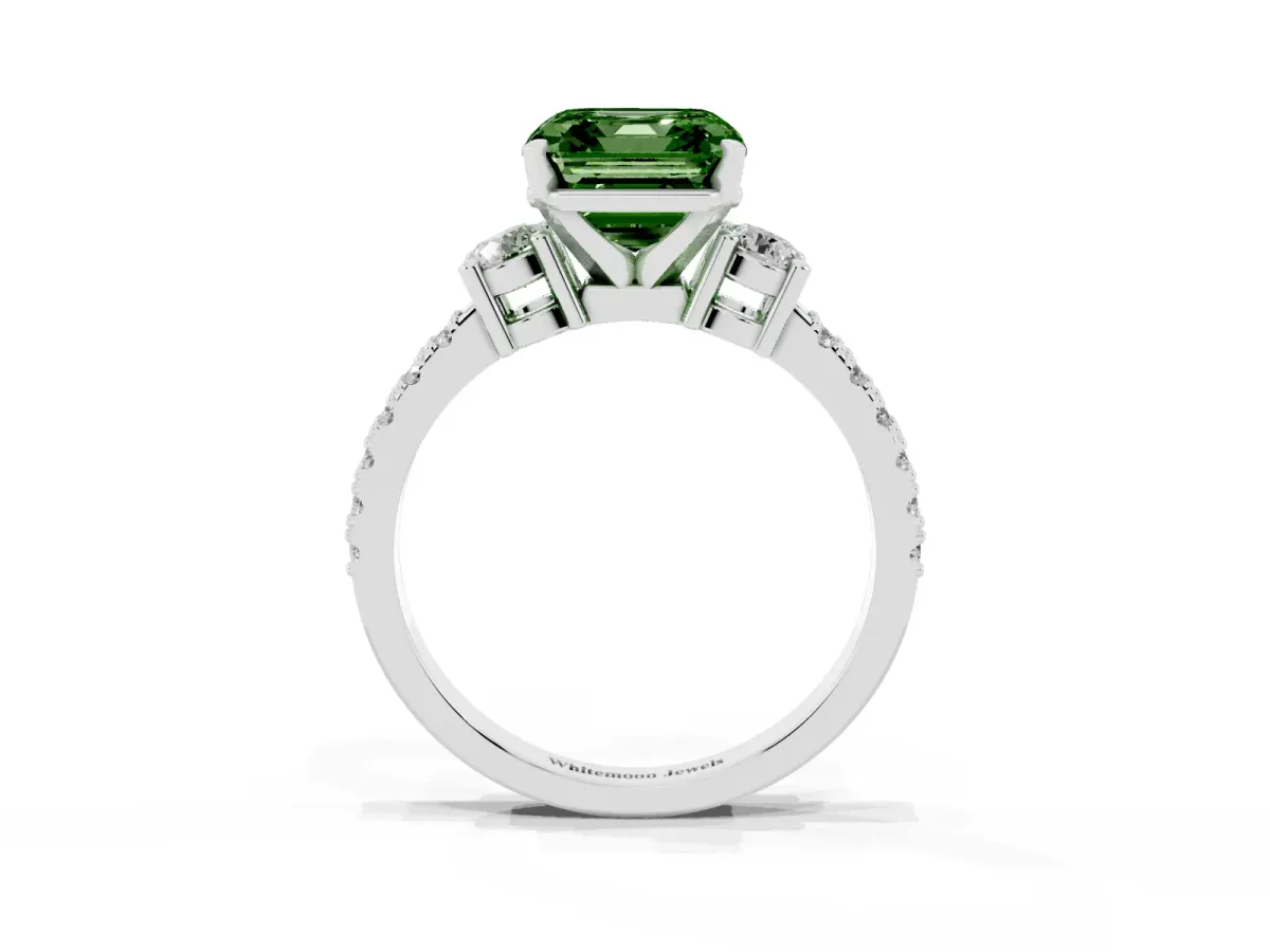 Fancy Green Asscher Cut Three-Stone Diamond Pavé Band with Prong Setting Silver
