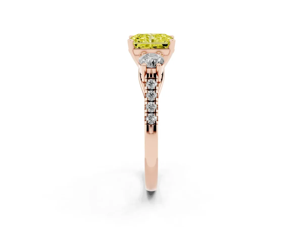 Fancy Yellow Three-Stone Radiant Cut Diamond Pavé Band with Four-Prong Setting Rose gold