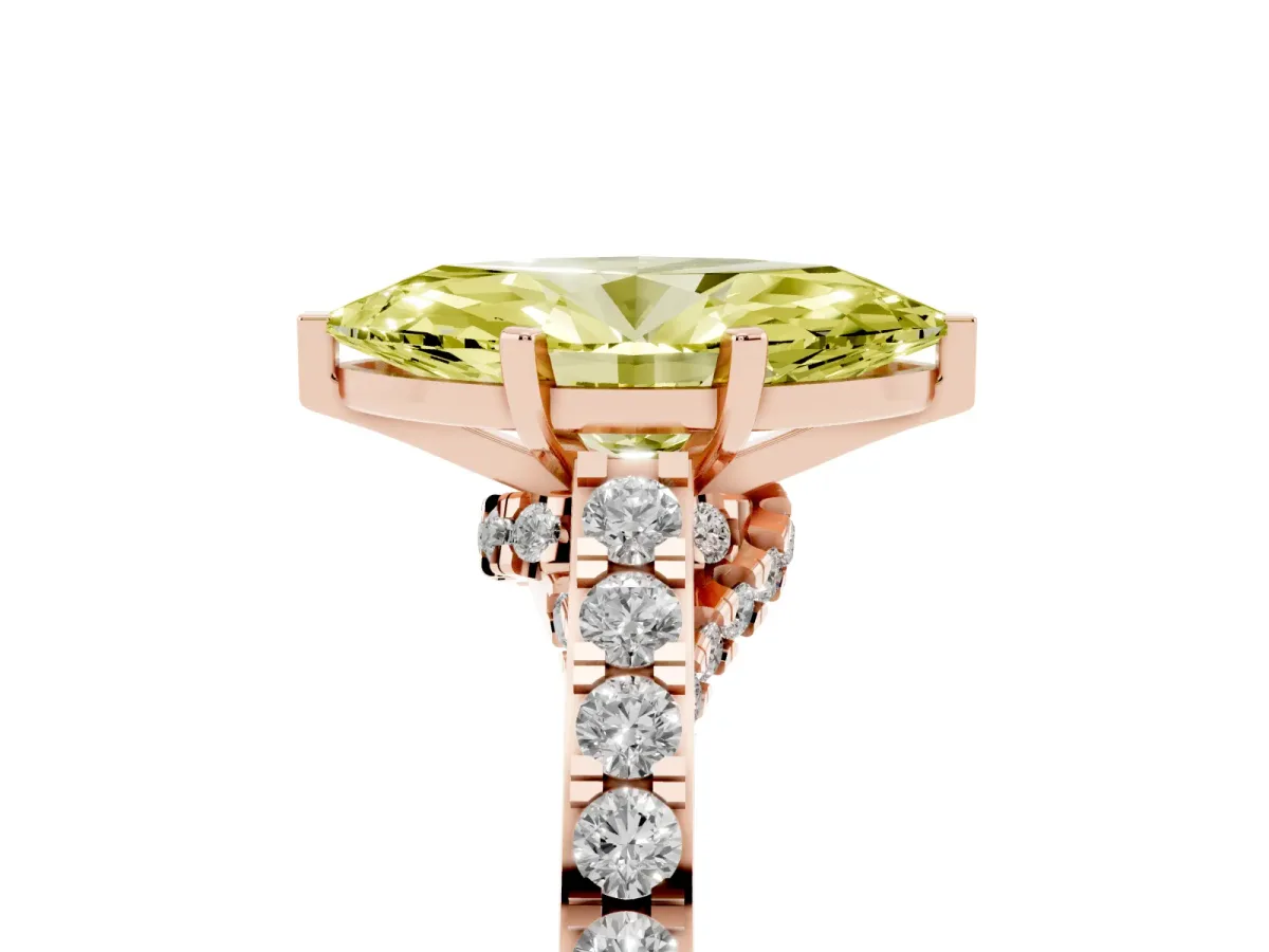 Fancy Yellow Marquise Cut Diamond Solitaire Ring with Crossover Gallery and Round Pavé Band Rose gold