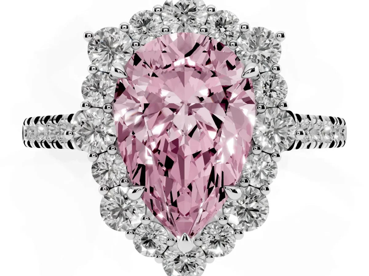 Fancy Pink Pear Cut Halo Diamond Ring with Pavé Band and Prong Setting Silver