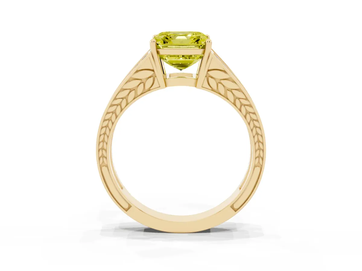 Fancy Yellow Asscher Cut Diamond Split Shank Ring with Pavé Band and Four-Prong Setting Yellow gold