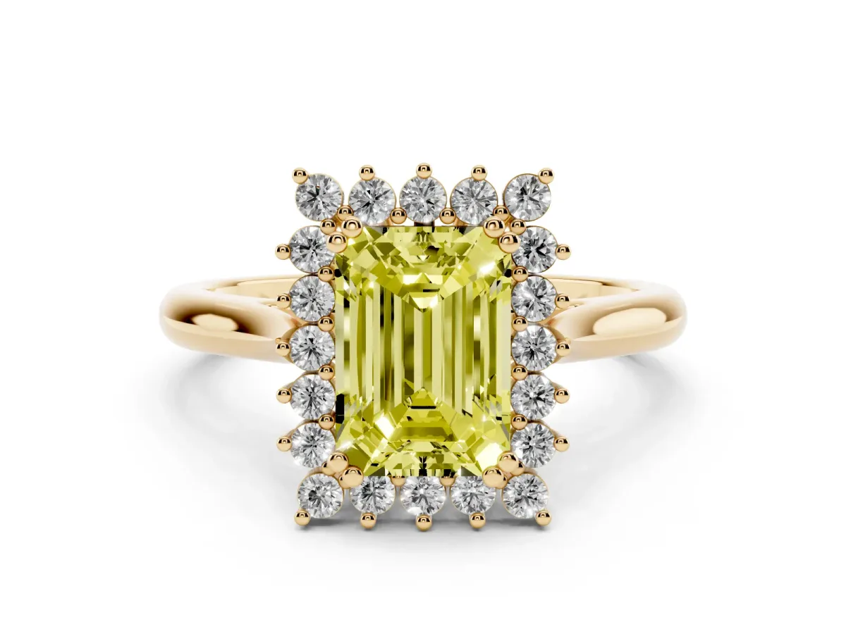Fancy Yellow Emerald Cut Cut Diamond Halo Ring with Solitaire Band and Prong Setting Yellow gold