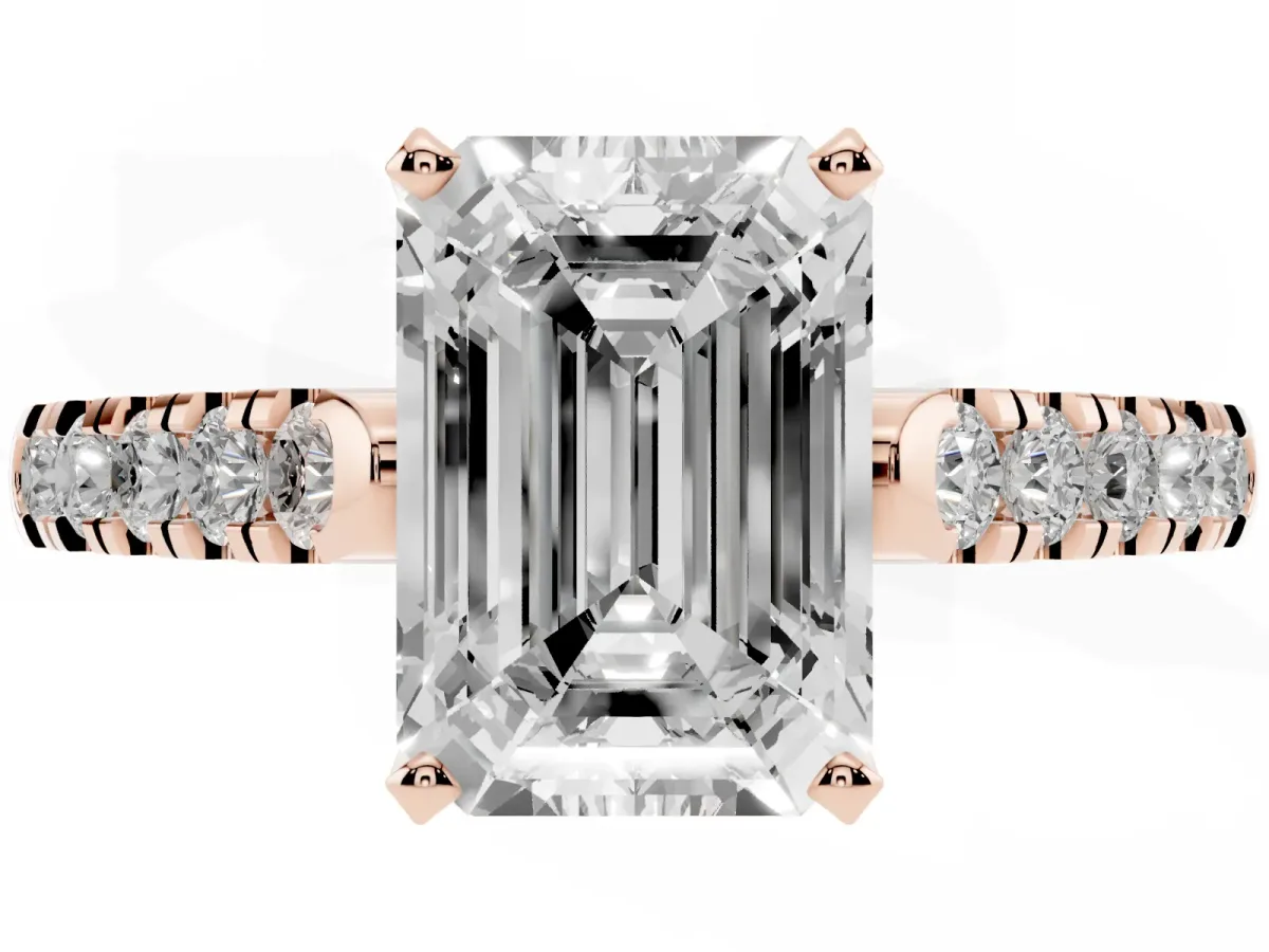 Emerald Cut Diamond Pavé Band Solitaire Ring with Prong Setting Rose gold