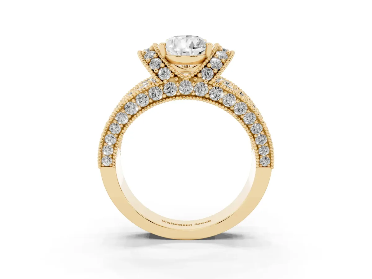 Pear Cut Halo Pave Diamond Engagement Ring with Milgrain Detailing Yellow gold