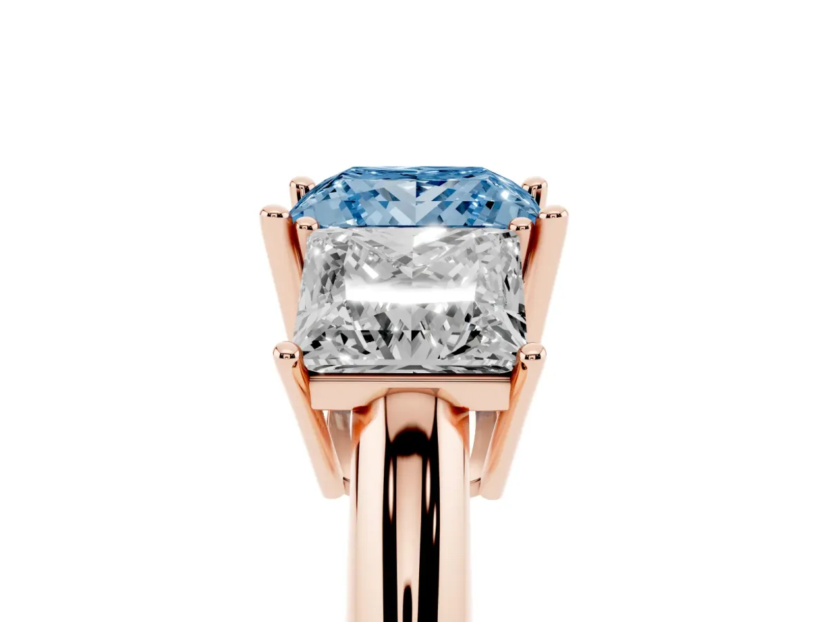 Fancy Blue Three-Stone Princess Cut Cut Diamond Engagement Ring with Prong Setting on a White Gold Band Rose gold