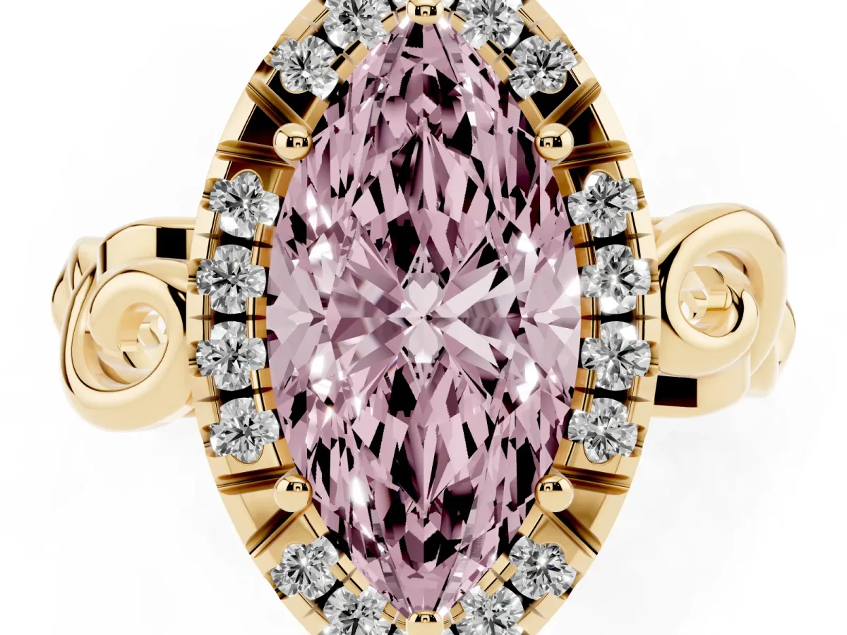 Fancy Pink Marquise Cut Cut Halo Diamond Ring with Scrollwork Band and Four-Prong Setting Yellow gold