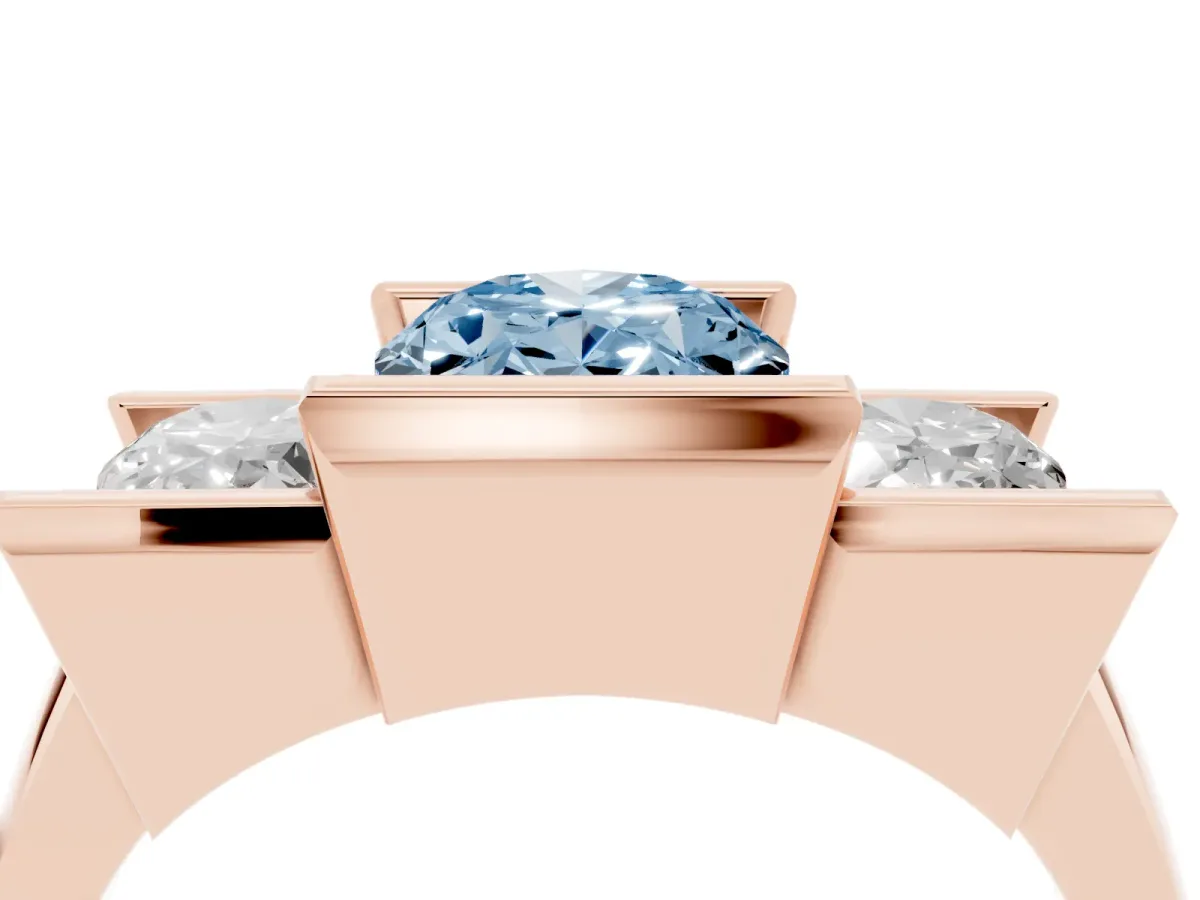 Fancy Blue Three Stone Oval Cut Cut Channel Set Diamond Ring Rose gold