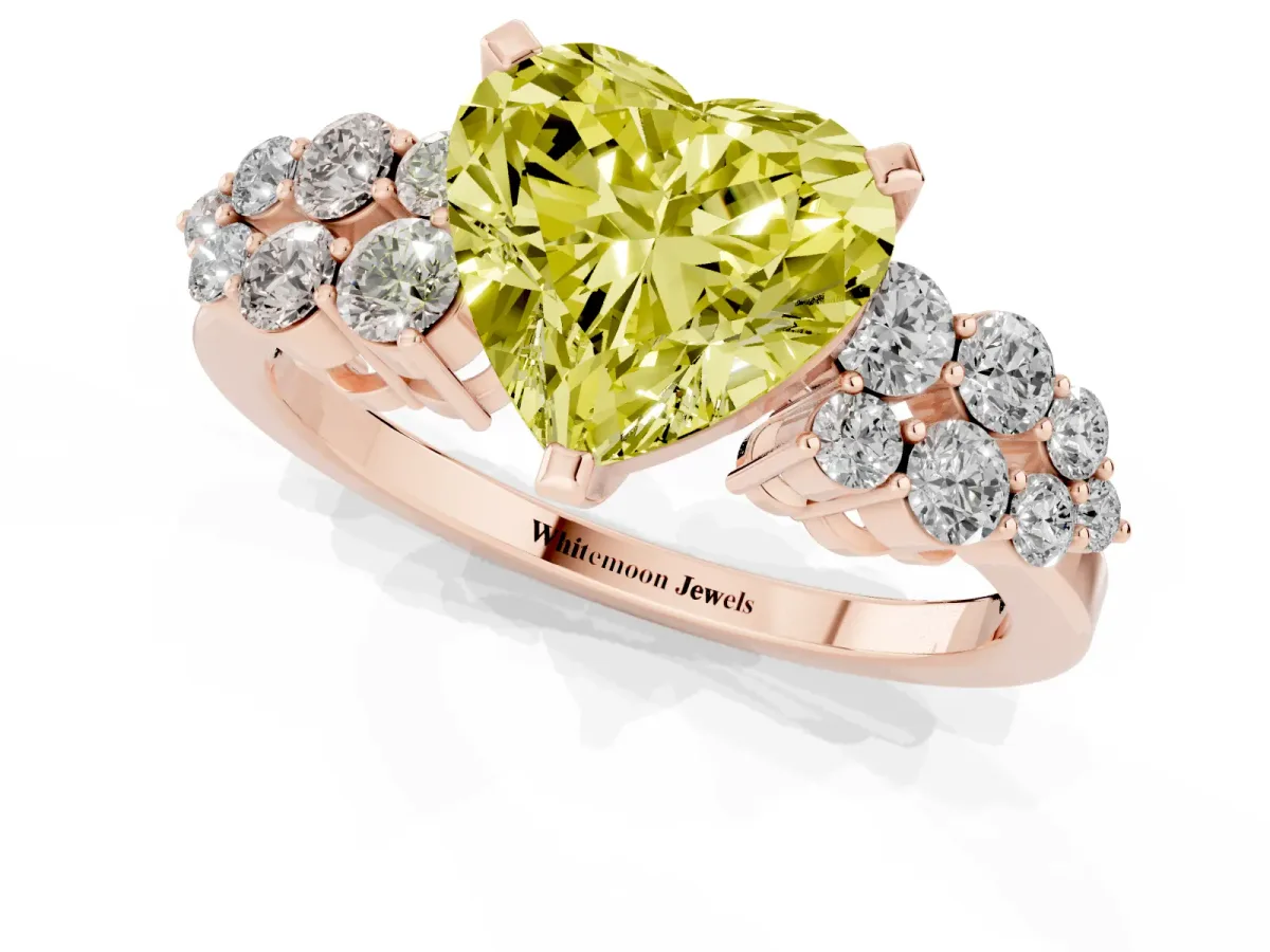 Fancy Yellow Heart Cut Cluster Diamond Engagement Ring with Pavé Band and Four-Prong Setting Rose gold