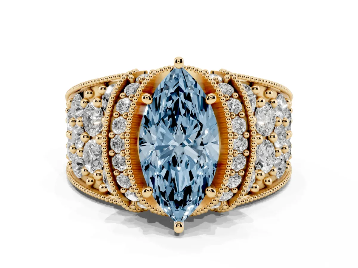 Fancy Blue Marquise Cut Halo Pave Diamond Engagement Ring with Milgrain Detailing Yellow gold