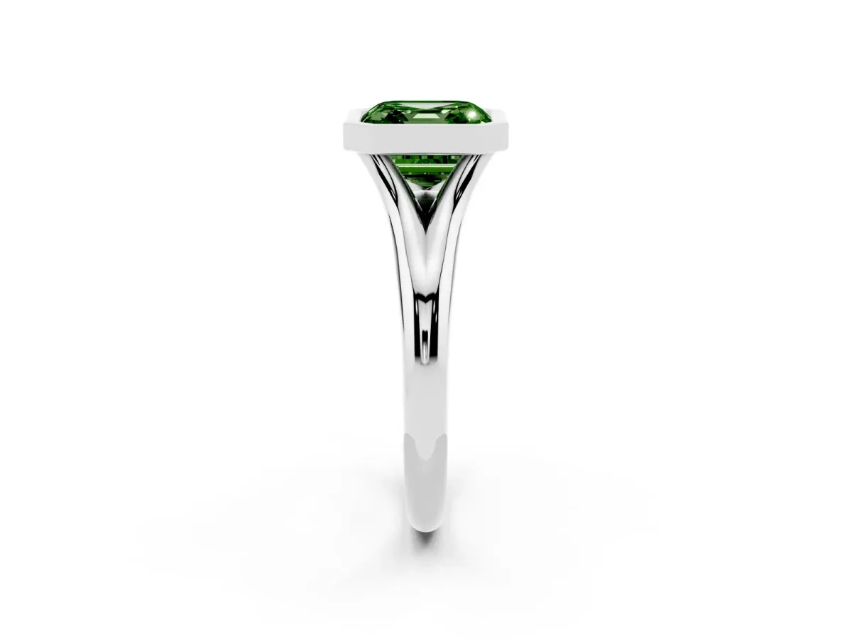 Fancy Green Bezel Set Asscher Cut Solitaire Diamond Ring with Smooth Band Platinum