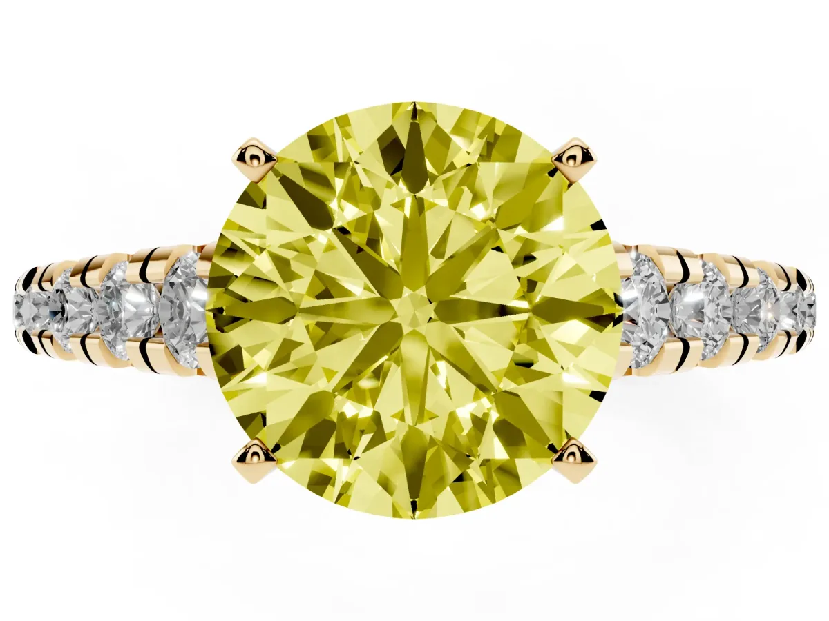 Fancy Yellow Round Cut Diamond Cathedral Solitaire Ring with Round Pavé Band Yellow gold