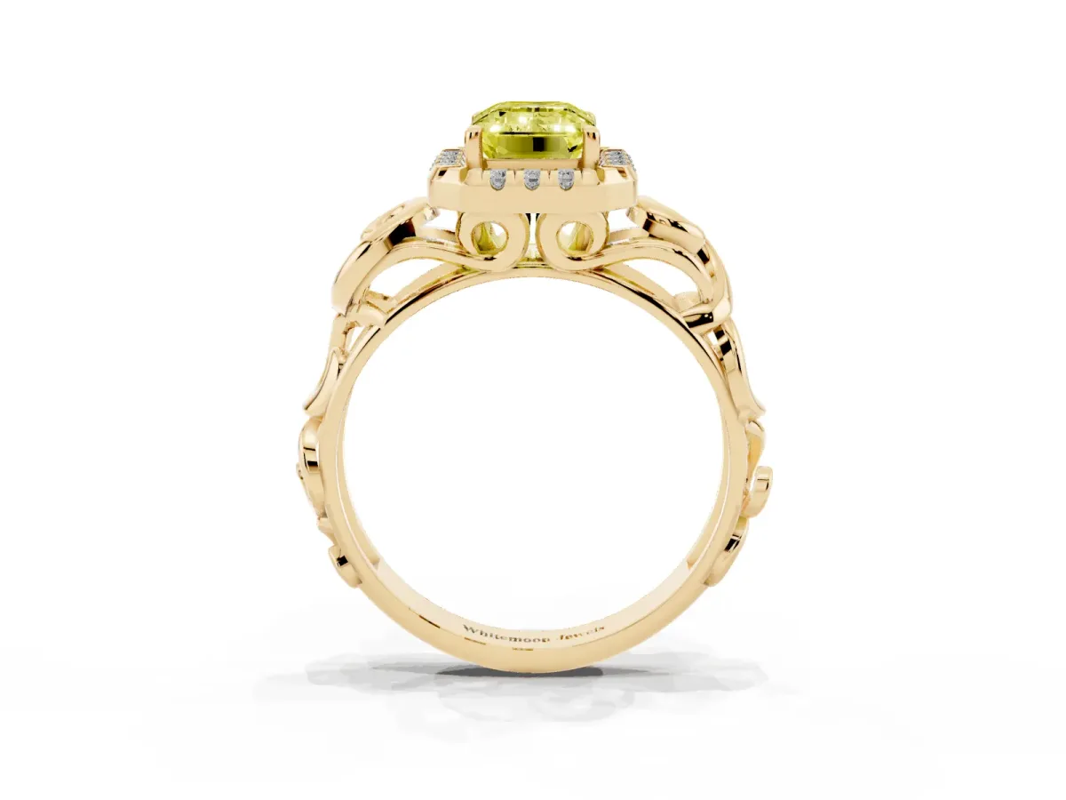 Fancy Yellow Emerald Cut Cut Halo Diamond Ring with Scrollwork Band and Four-Prong Setting Yellow gold
