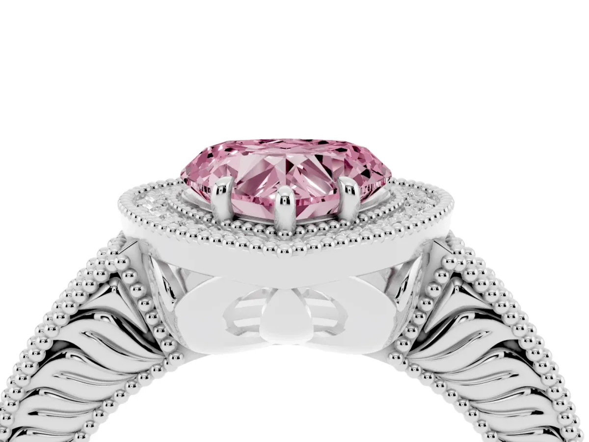 Fancy Pink Heart Cut Cut Halo Diamond Ring with Pavé Band and Four-Prong Setting Platinum