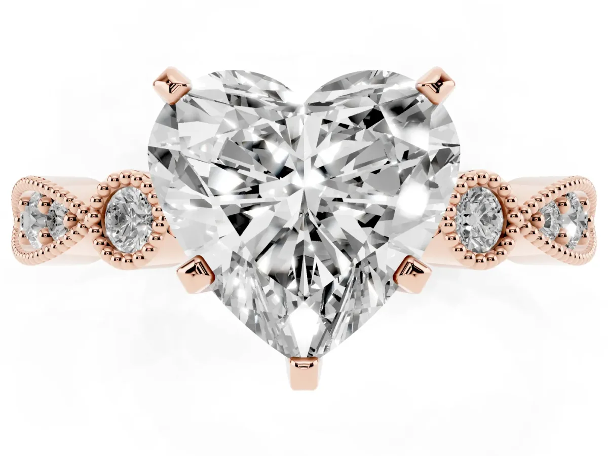Heart Cut Milgrain Bezel Diamond Engagement Ring with Solitaire Prong Setting Rose gold