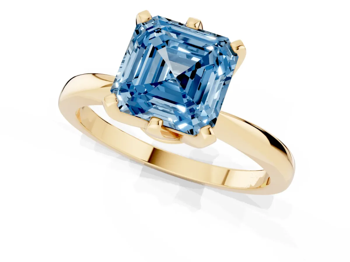 Fancy Blue Asscher Cut Solitaire Engagement Ring with Six-Prong Setting and Tapered Band Yellow gold