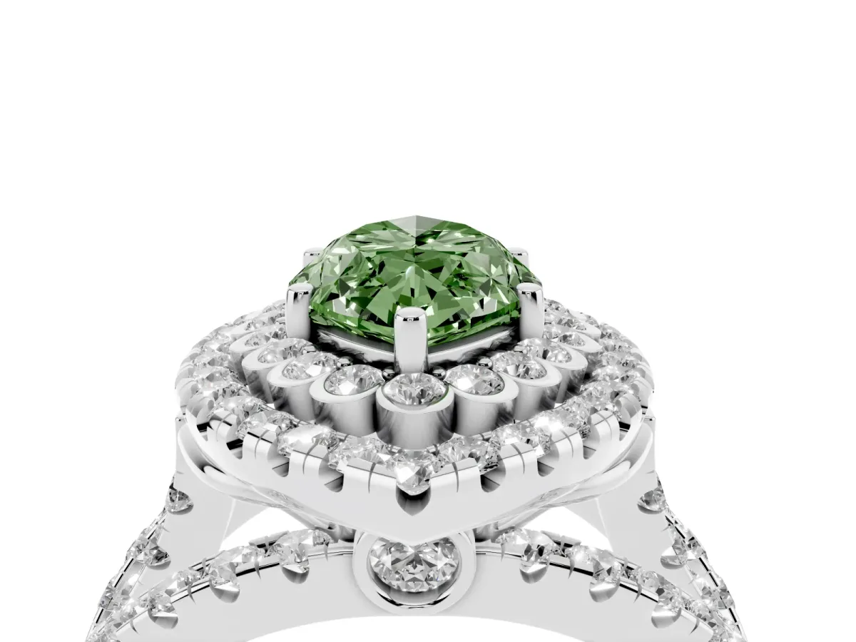 Fancy Green Marquise Cut Diamond Double Halo Ring with Round Pavé Split Shank and Prong Setting White gold