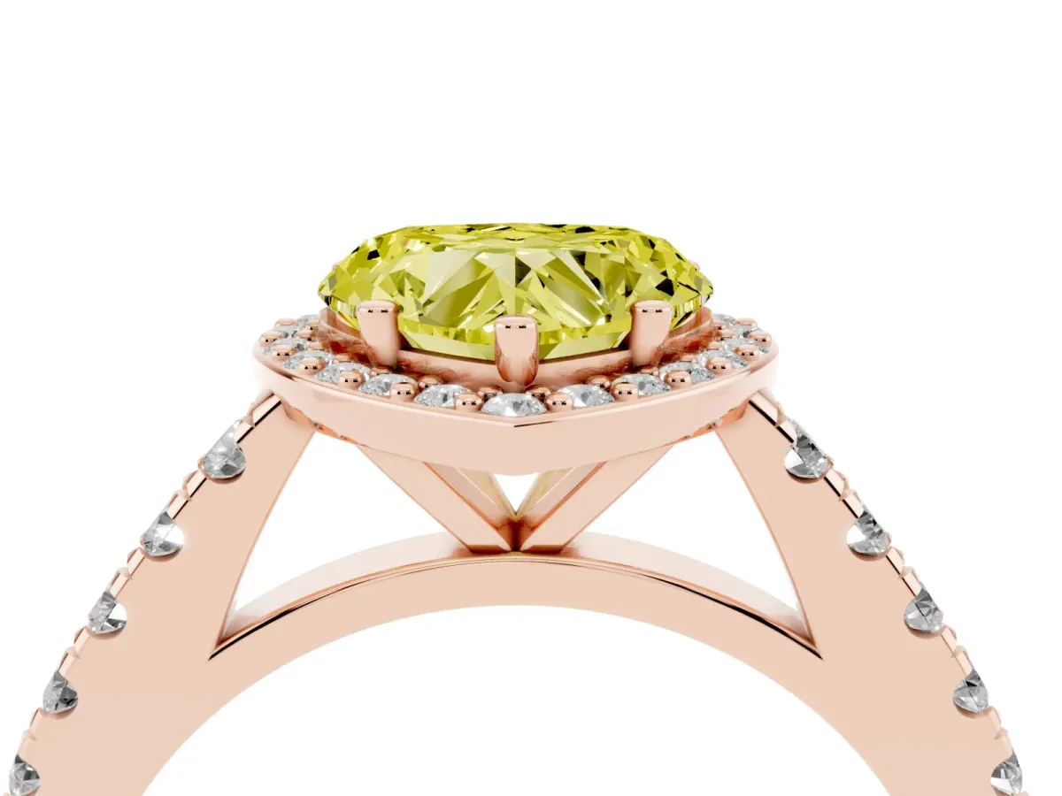 Fancy Yellow Heart Cut Cut Halo Diamond Engagement Ring with Pave Band and Four-Prong Setting Rose gold