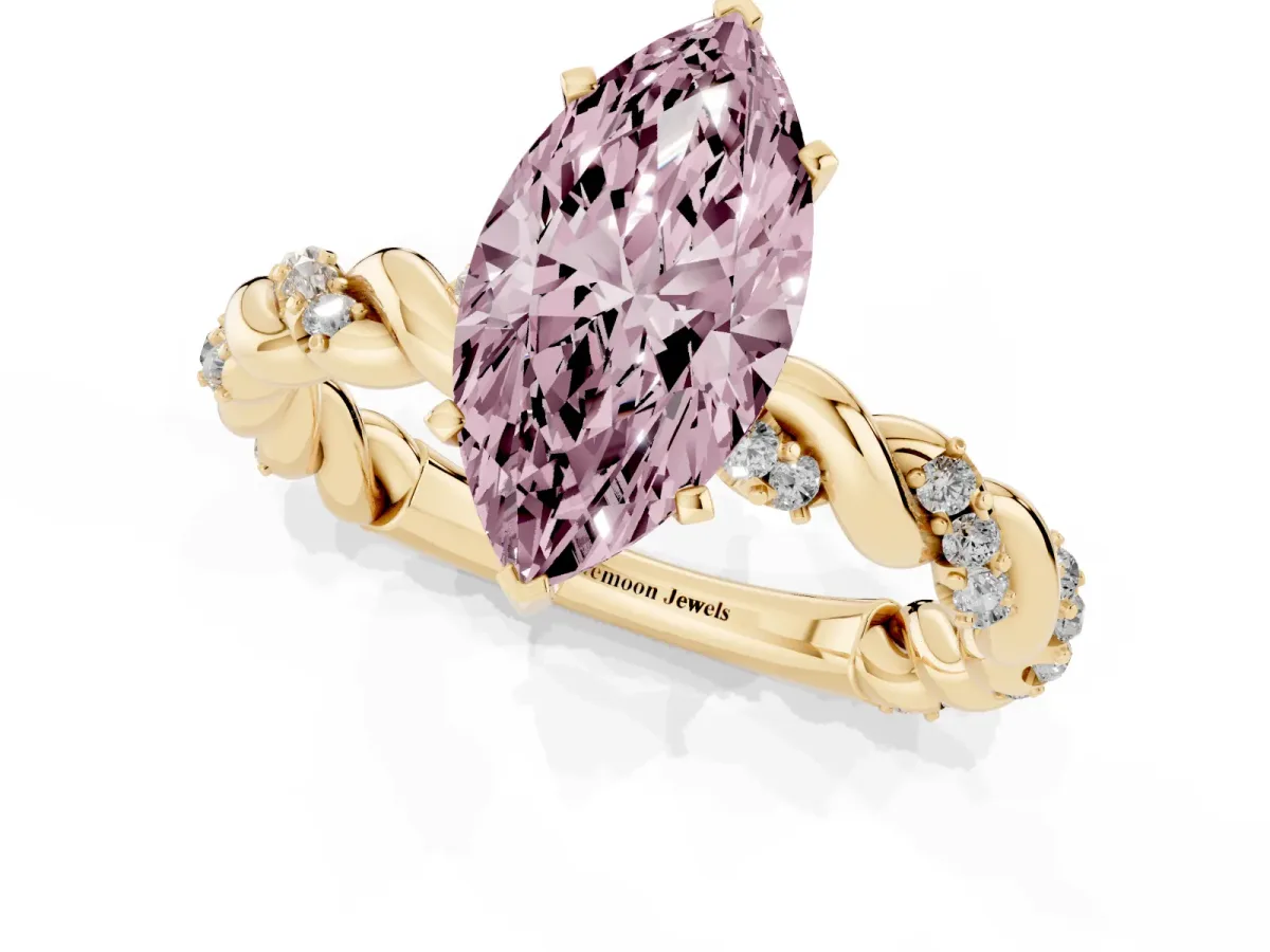 Fancy Pink Marquise Cut Diamond Solitaire Ring with Twisted Band and Pavé Accents Yellow gold
