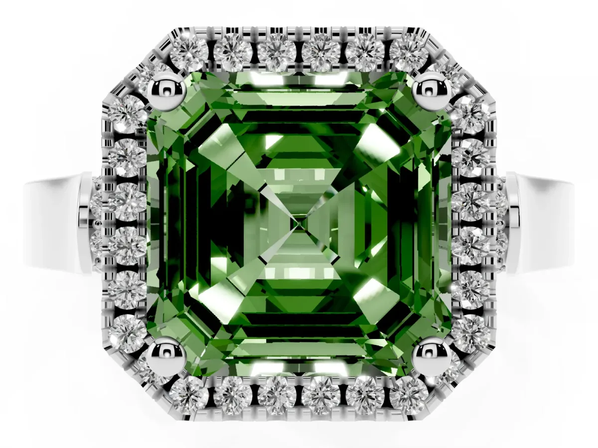 Fancy Green Asscher Cut Halo Pave Split Shank Prong Setting Ring White gold
