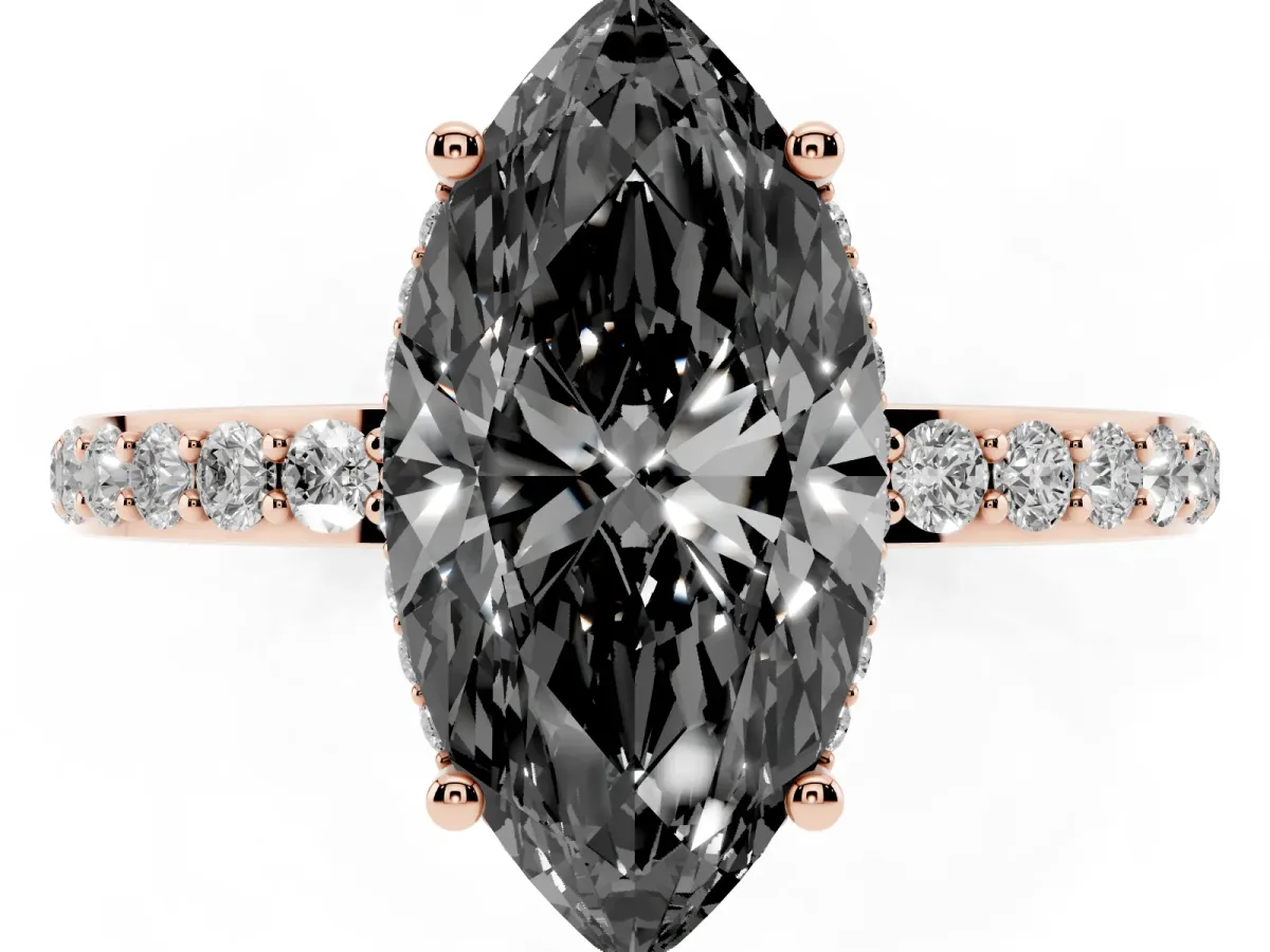 Fancy Black Marquise Cut Diamond Solitaire Ring with Pavé Band and Hidden Halo Rose gold
