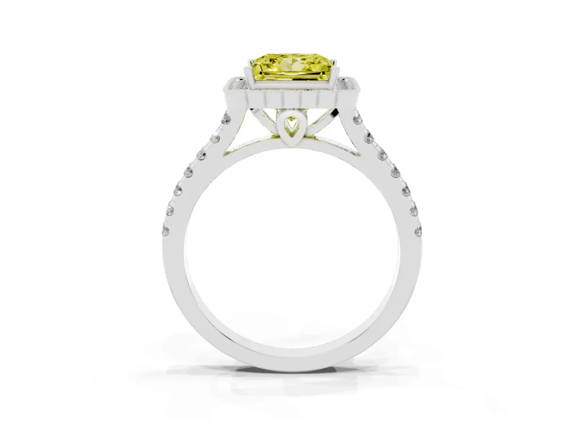 Fancy Yellow Princess Cut Cut Diamond Milgrain Floral Halo Engagement Ring with Pavé Band White gold