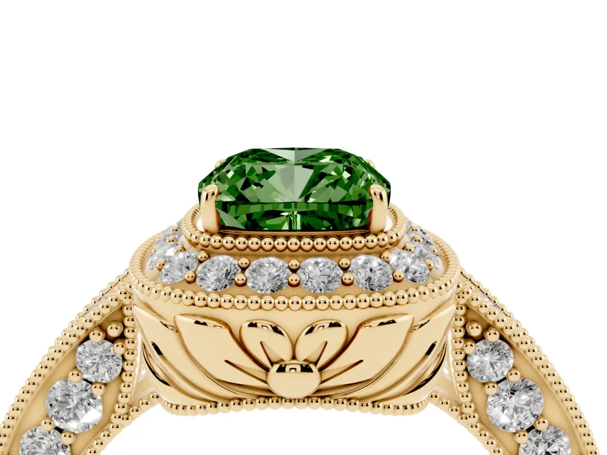 Fancy Green Cushion Cut Halo Diamond Split Shank Ring with Milgrain Detail Yellow gold