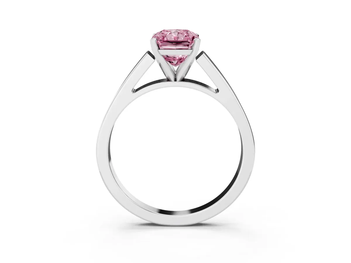 Fancy Pink Radiant Cut Solitaire Engagement Ring with Four-Prong Setting and Tapered Band Silver