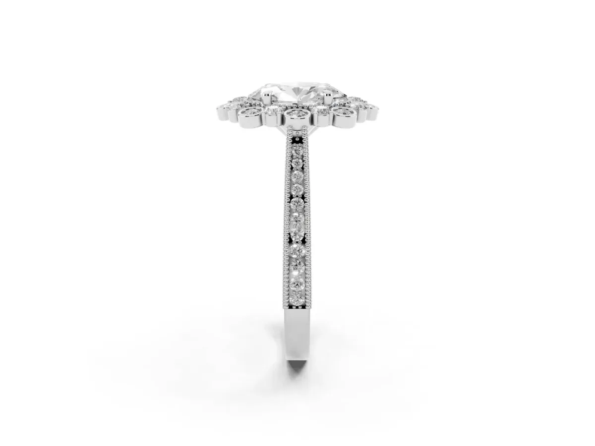 Oval Cut Halo Milgrain Pave Diamond Ring with Four-Prong Setting Silver