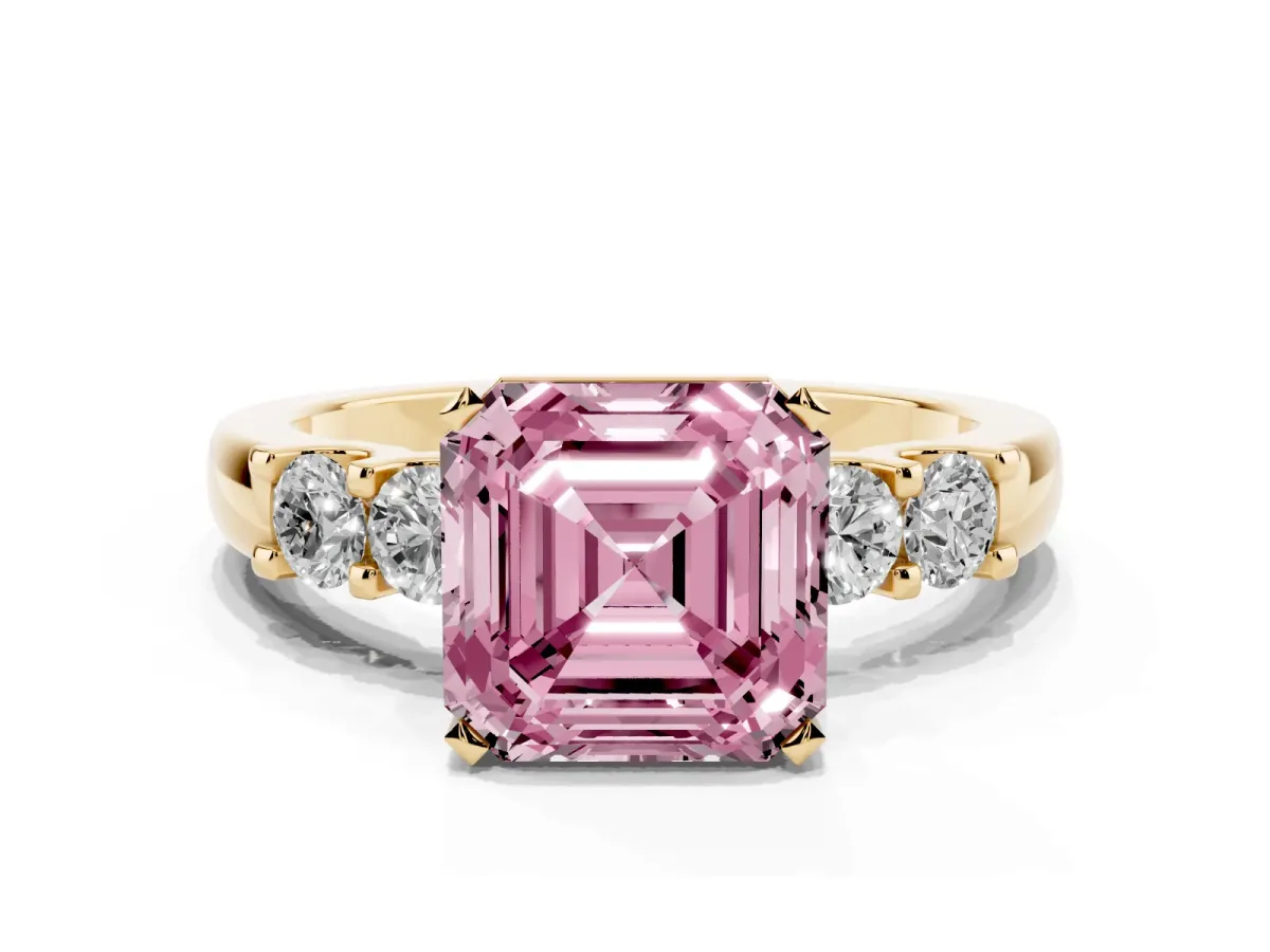 Fancy Pink Asscher Cut Brilliant Cut Diamond Five-Stone Prong Set Engagement Ring with Channel Band Yellow gold