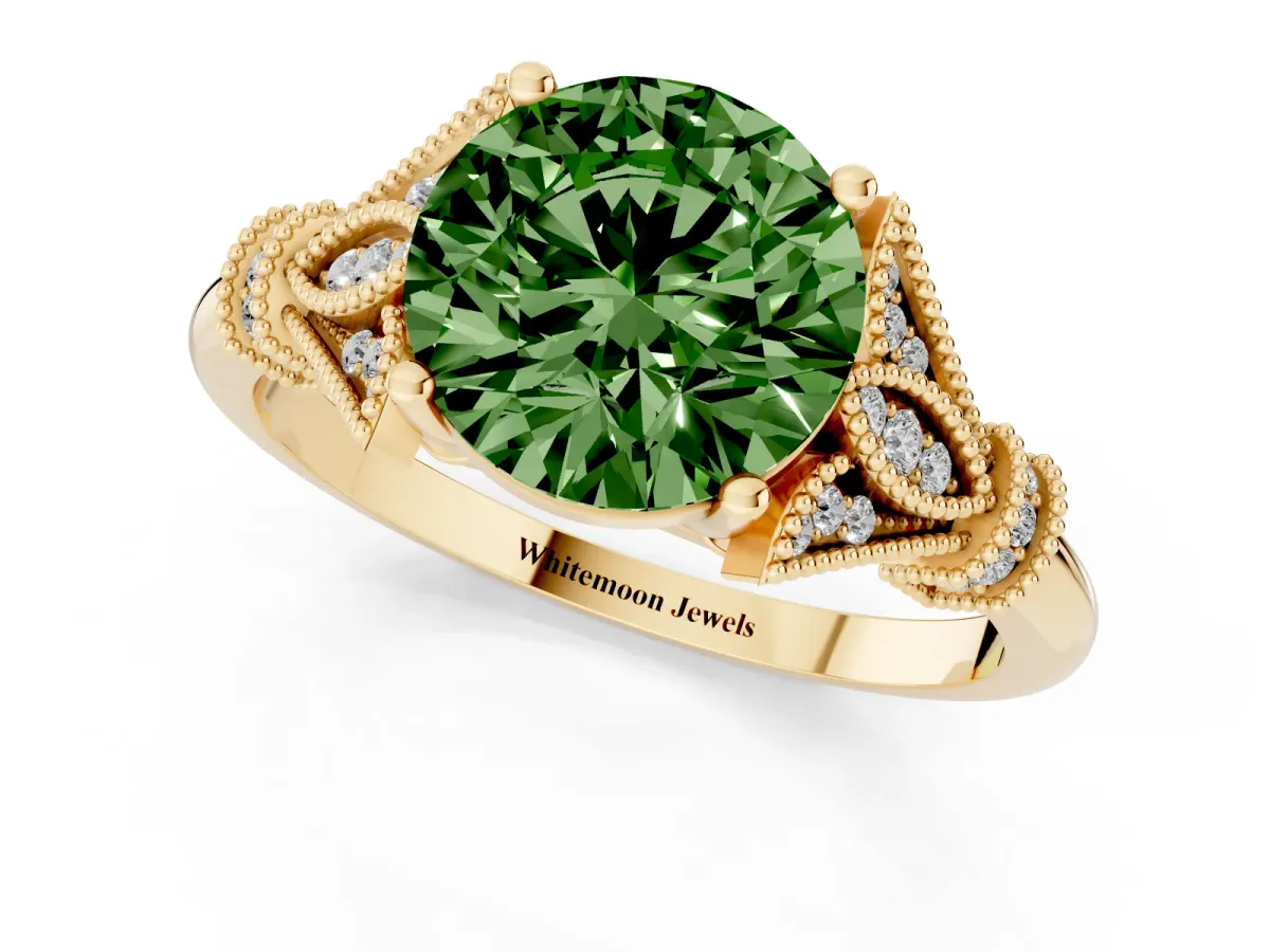 Fancy Green Round Cut Diamond Solitaire Ring with Floral Filigree and Pave Accents Yellow gold