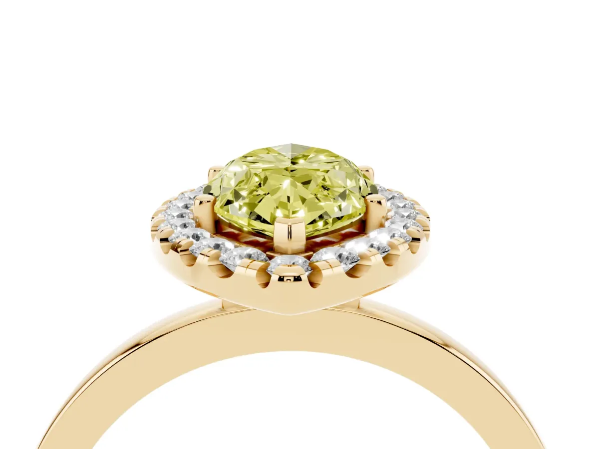 Fancy Yellow Marquise Cut Halo Diamond Solitaire with Pavé Band and Four-Prong Setting Yellow gold