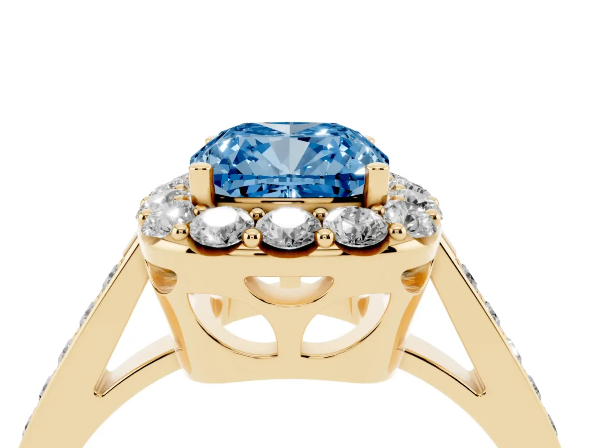Fancy Blue Cushion Cut Diamond Floral Halo Ring with Pavé Band and Prong Setting Yellow gold