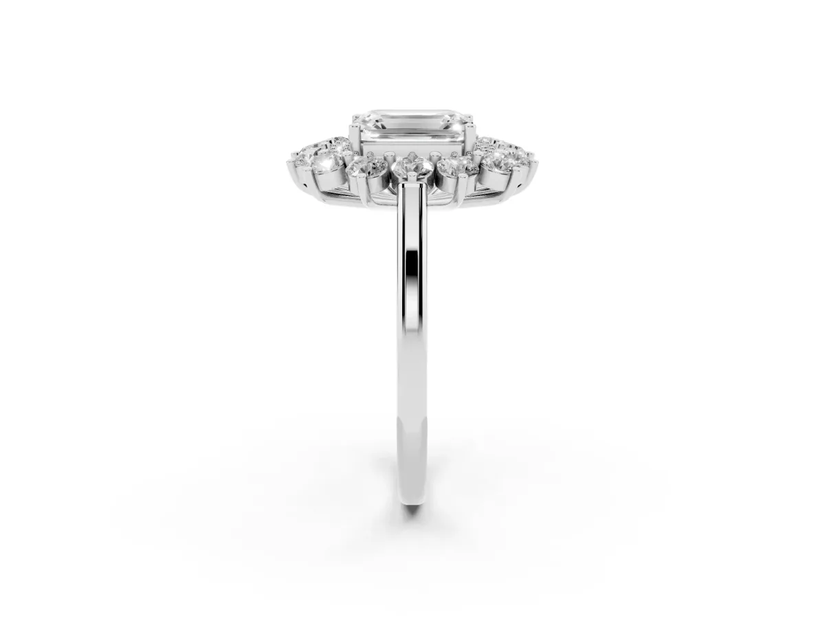 Emerald Cut Diamond Floral Double Halo Engagement Ring with Prong Setting Silver