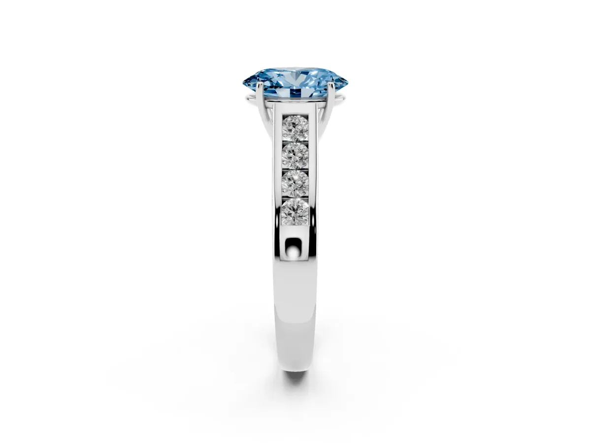 Fancy Blue Oval Cut Brilliant Channel-Set Solitaire Ring with Four-Prong Setting Silver