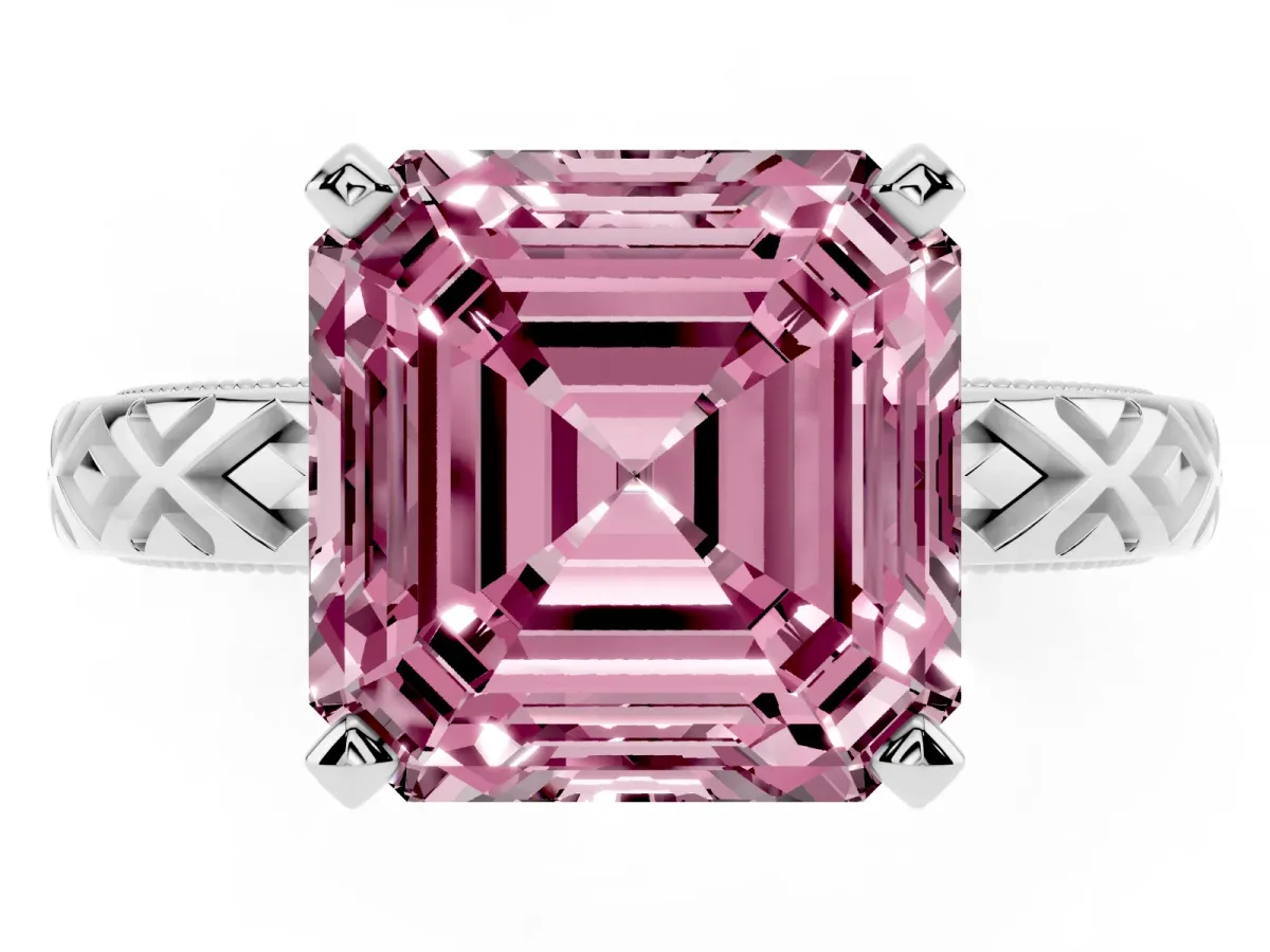 Fancy Pink Asscher Cut Solitaire Diamond Ring with Milgrain and Black Enamel X Pattern Band Silver