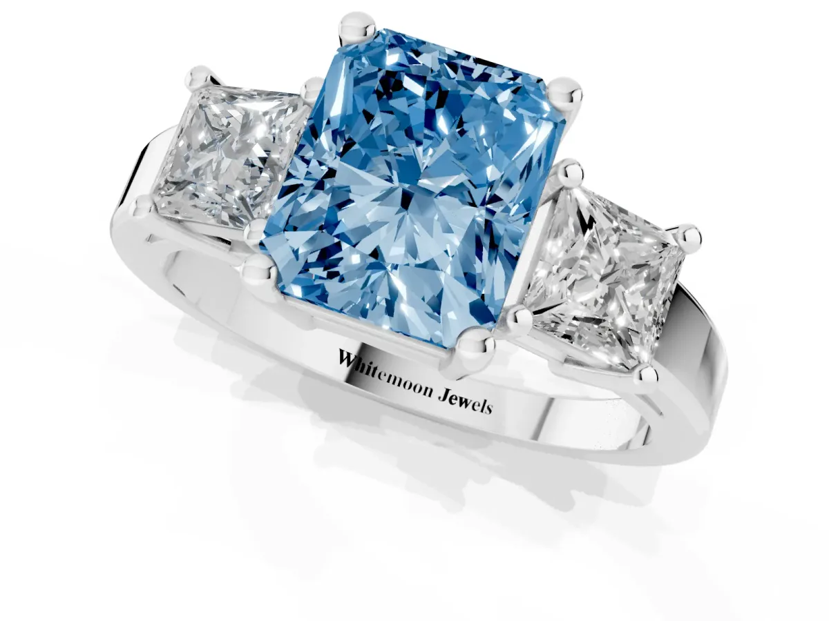 Fancy Blue Three-Stone Radiant Cut Cut Solitaire Ring with Prong Setting Silver