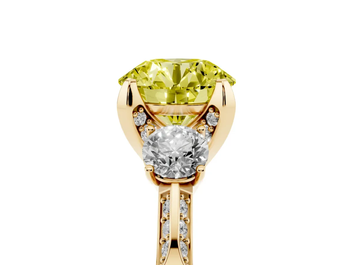 Fancy Yellow Round Cut Brilliant Three-Stone Diamond Ring with Pavé Band and Four-Prong Setting Yellow gold
